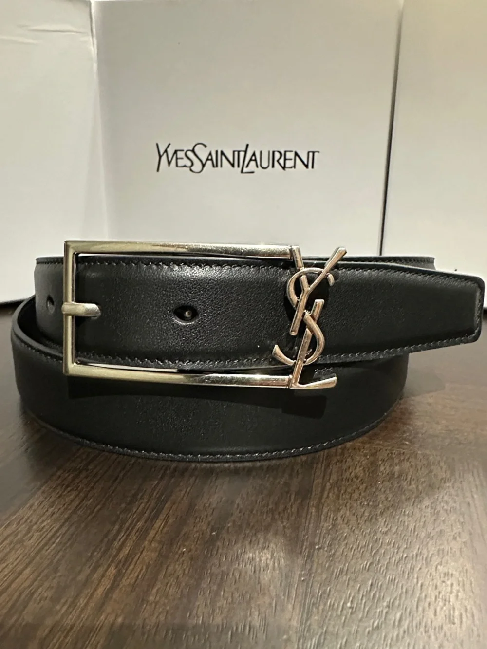 Yves Saint Laurent Black Leather Belt with Silver YSL Logo